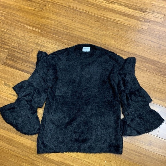 Compania Fantastica Fuzzy Sweater Women Size Large Black Ruffle Sleeve Statement - Picture 1 of 7